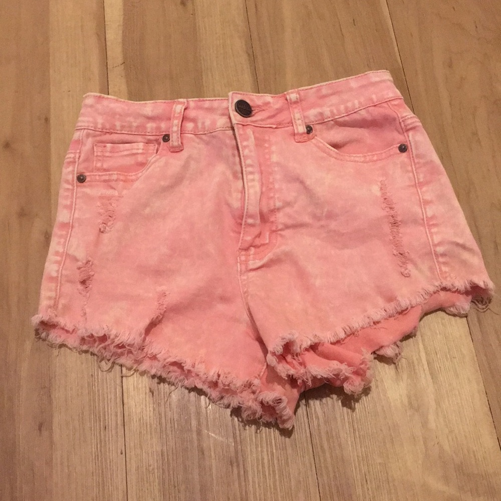 Iris. Pink Acid Wash High Waisted Denim Shorts